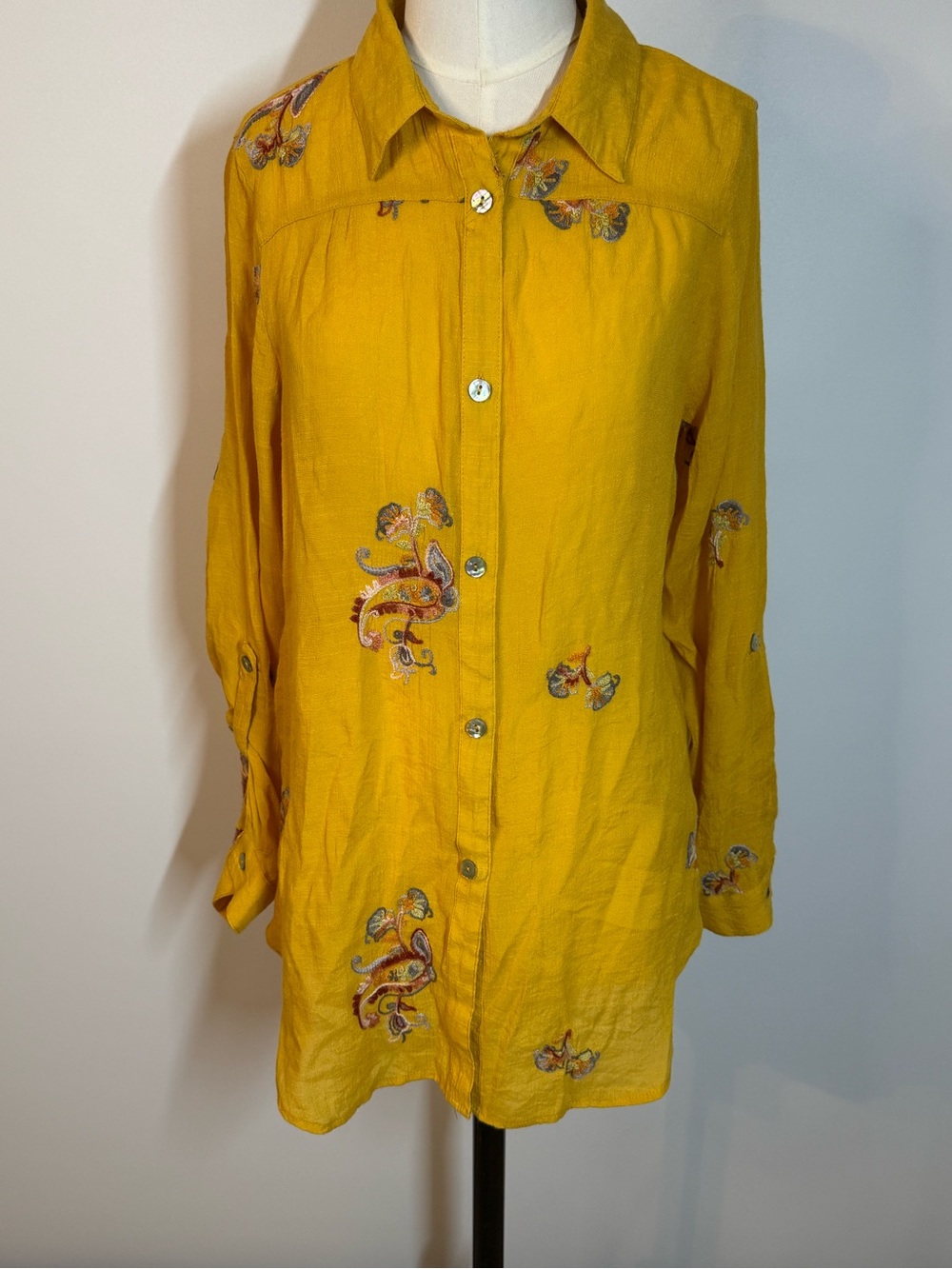 fig and flower Mustard Yellow Embroidered Button-Down Shirt